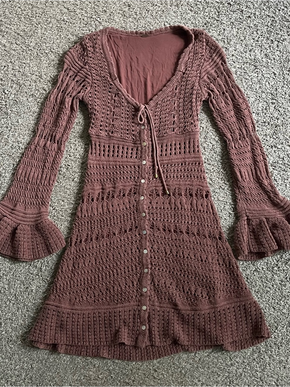 Free People Sedona Crochet Mini Dress Bell Sleeve Boho Beach Brown 70s Fairycore